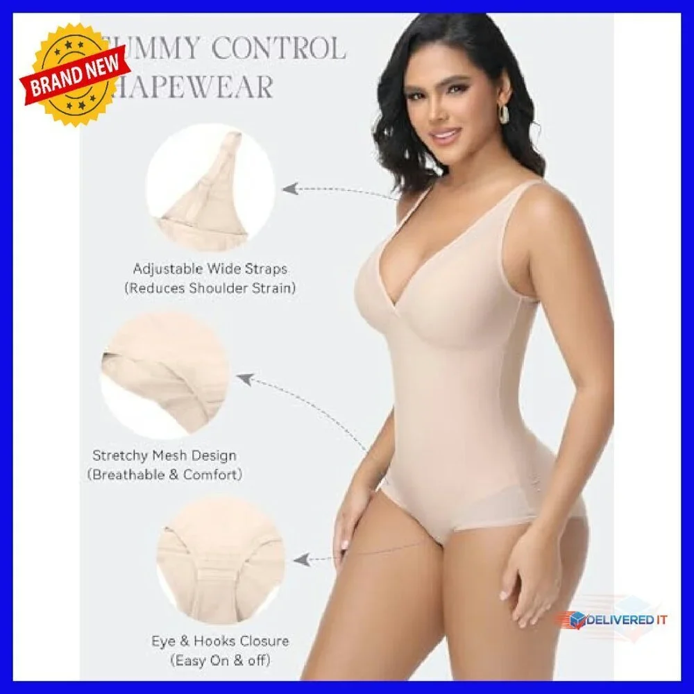 Women's Shapewear Bodysuit Tummy Control V-Neck Mesh Sheer All-Day Wear
